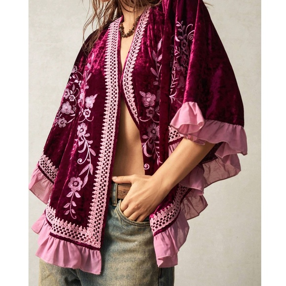 Boho Burgundy Velvet Floral Embroidered Ruffle Detail Kimono Cardigan - Picture 15 of 16